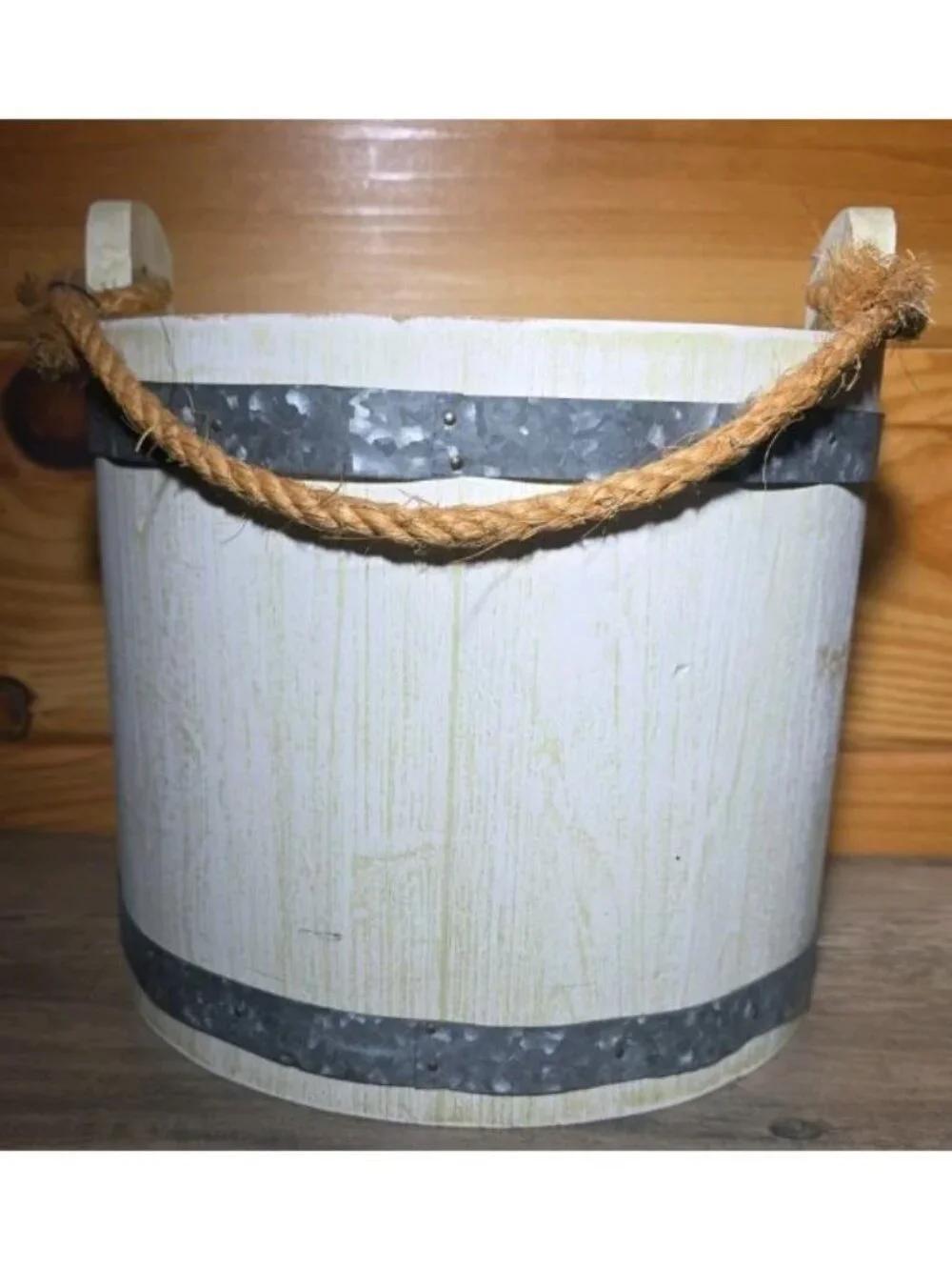 Wooden Bucket Panted Lighthouse Coastal Design With Rope Handle 8.5 Inches Tall
